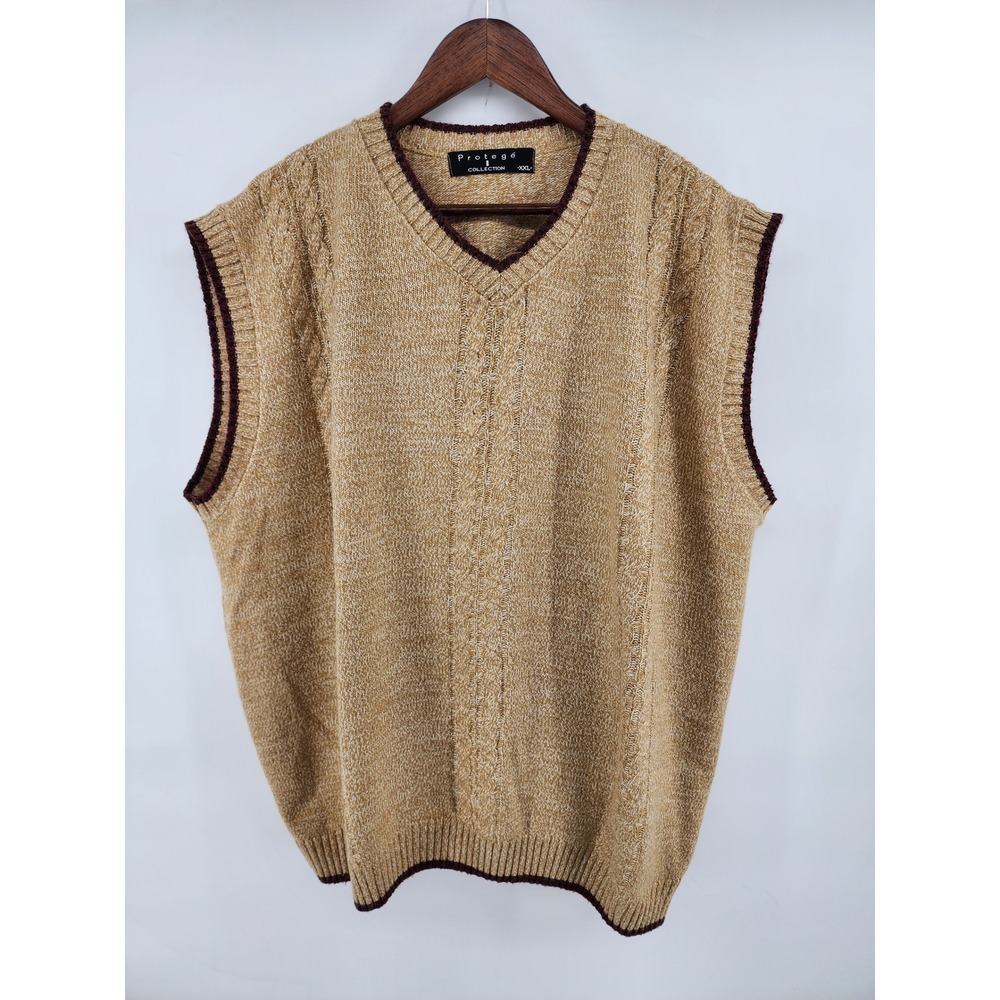 Protege Collection V-Neck Cable Knit Sweater Vest Tan Brown XXL